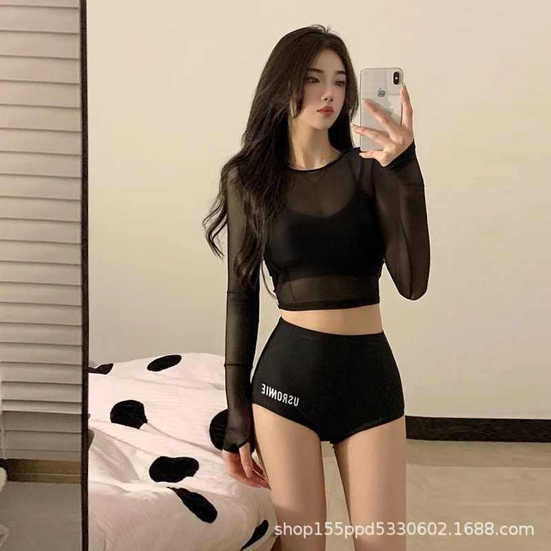 Explosive swimsuit, women's split bikini, three-piece set of sexy swimsuit, long-sleeved sunscreen cover-up, swimsuit promise