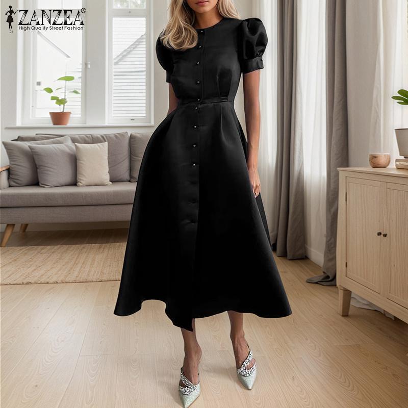 ZANZEA Элегантное женское повседневное платье с круглым вырезом и короткими рукавами