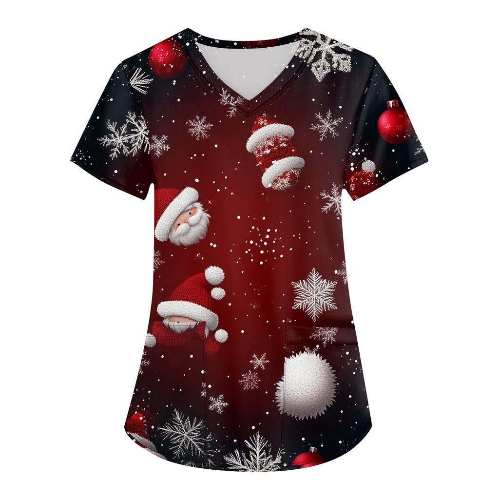 Women's Fashion V-neck Short Sleeve Workwear With Pockets Christmas Printed Tops