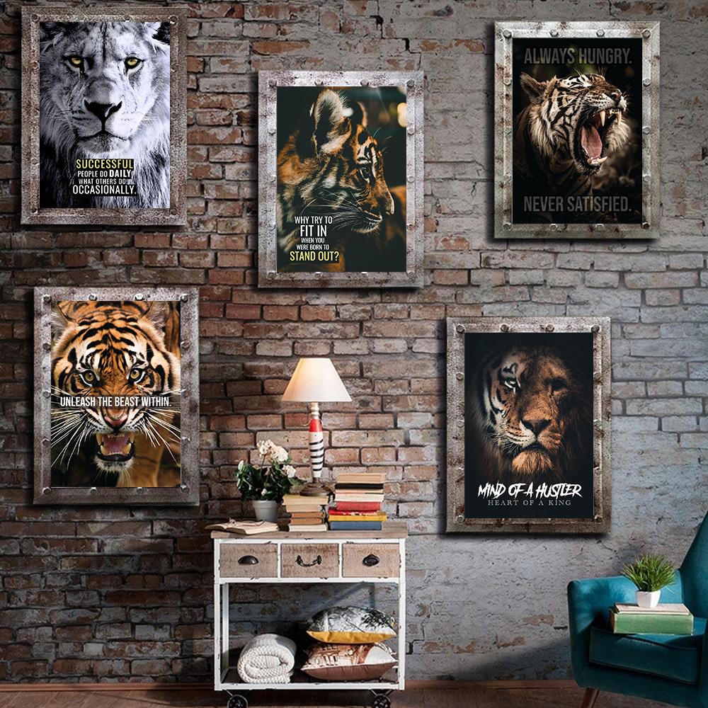Motivational Quote Black Lion Tiger Canvas Paintings Inspired Art Classic Poster and Print Wall Painting for the Office of Home Decor