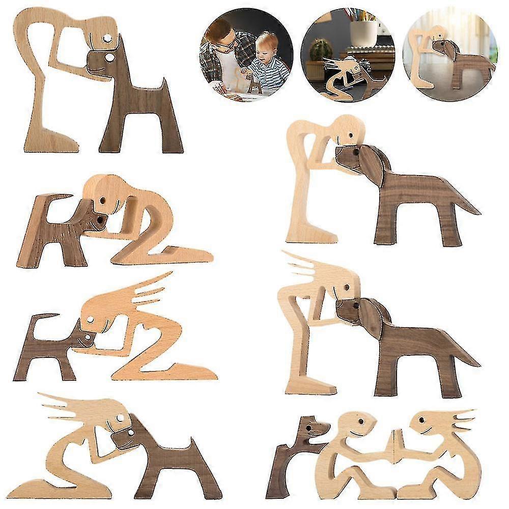 Wooden Dog Cat Family Statue Dog Family