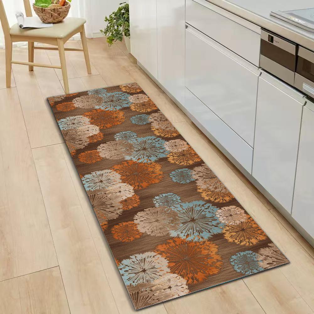 Warm Tone Dandelion Hallway Runner Mat, Vintage Wood Grain Floral Print Washable Anti Slip Entryway Floor Rug