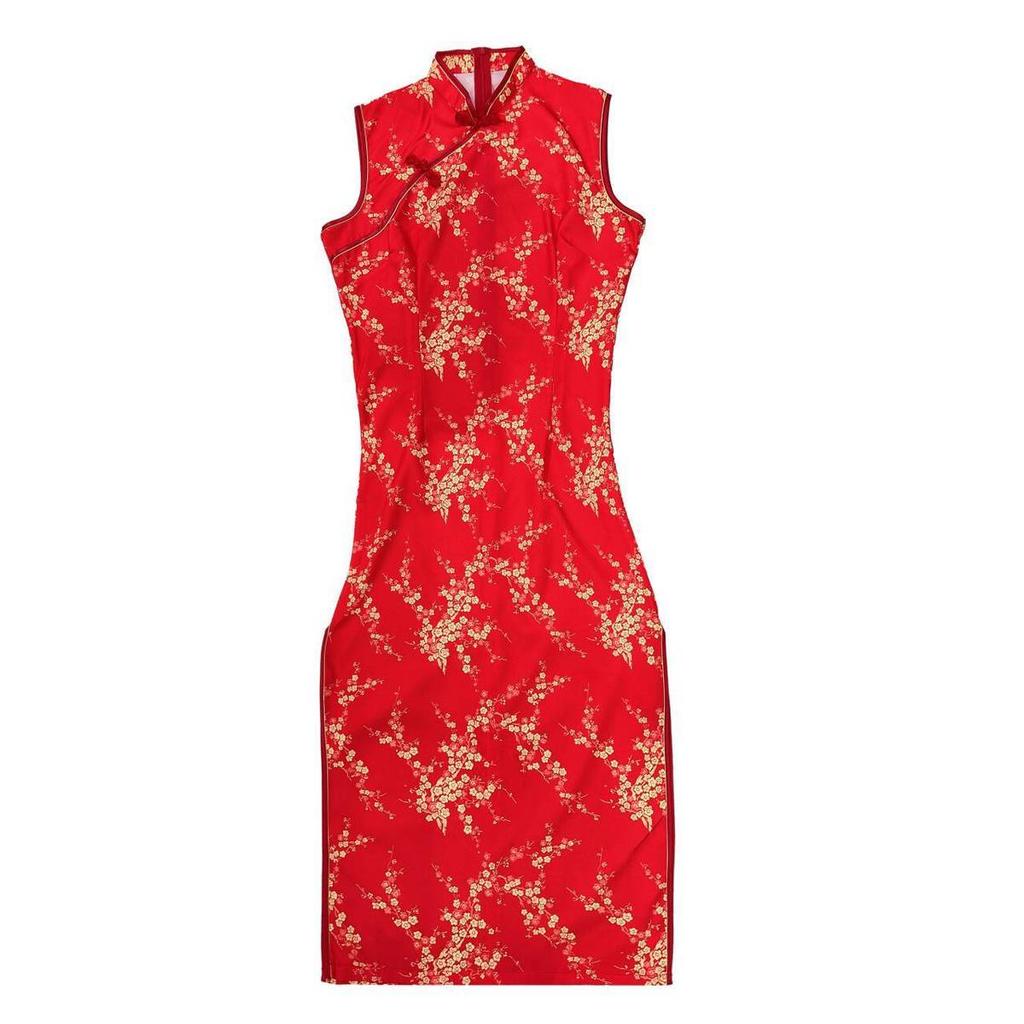 Women Sleeveless Modified Cheongsam, Vintage Floral Chinese Style Midi Qipao Dress, Elegant Formal Split Dress