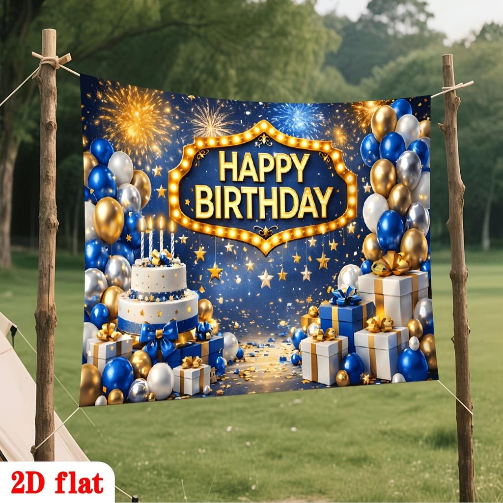 Golden Blue Festive Birthday Celebration with Balloons Gifts Stars Confetti Fireworks Elegant Lighting Sign Polyester Backdrop, for Party