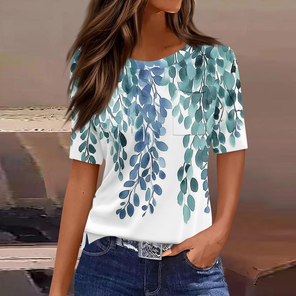 Футболки для женщин, плиссированные, с круглым вырезом, нарядные, повседневные, блузки с принтом, с коротким рукавом, летние топы, свободный крой