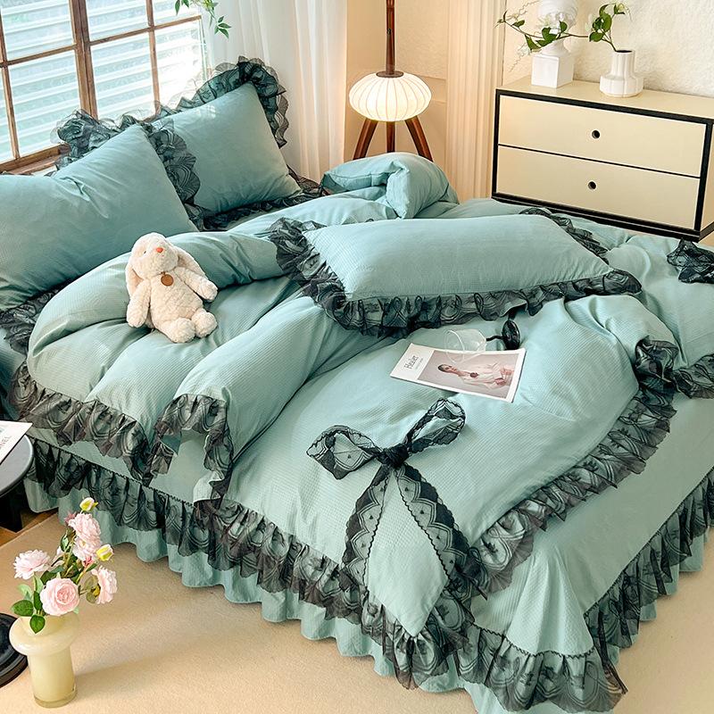 Покрывало из хлопка в стиле принцессы, однотонное, кружевное, стираное, из четырех частей, сирсакер, кружево, двойной пододеяльник