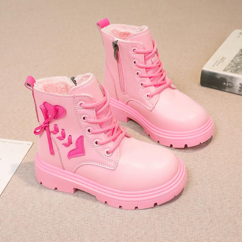 Children Fashion Boots Girls Ankle Boots Pink Elegant Zipper Cool Love Pattern Kids Princess Leather Boots Non-slip Size 26-37