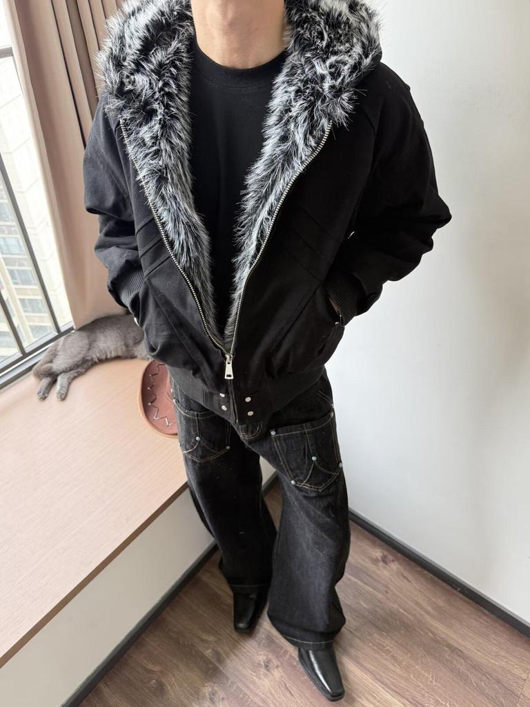 Men's Winter Boxy Seat Mountain Eagle Hooded Jacket with Faux Rabbit Fur Lining