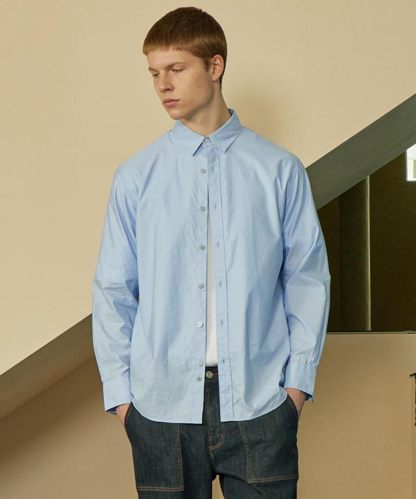 NOTIG 100% Cotton Semi-Overfit Satin Knit Button-Down Shirt Blue_Okg3Shcl103B1