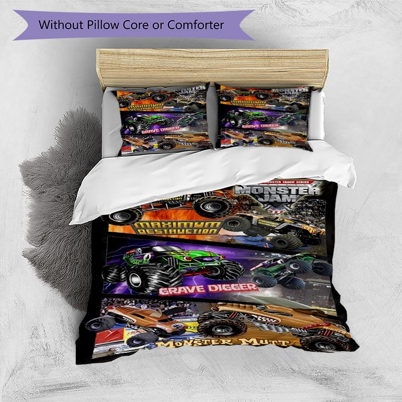 3pcs Monster Jam pattern bedding set duvet cover set includes duvet cover &pillowcases, perfect all season bedroom decoration & gift