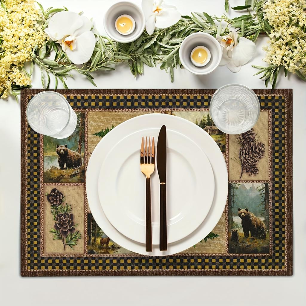 4pcs, Country Cottage Bear Deer Placemat 4pcs Set, Vintage Cottage Pine Cone Plaid Placemat, Dining Table Mats Home Kitchen Decoration