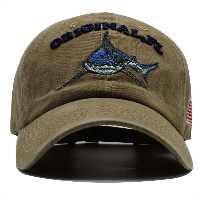High Quality Washed Cotton Cloth Cap Embroidered Shark Baseball Cap Men'S And Women'S Spring And Summer Versatile Casual Duck Tongue Visor