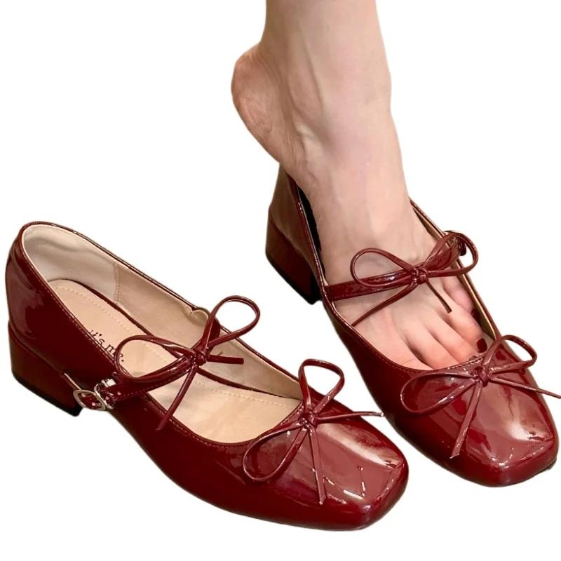 Модная женская обувь 2025 Бренд Ремешок с пряжкой Женские туфли на высоком каблуке Модный бант Новые однотонные с квадратным носком Бестселлер Туфли Мэри Джейн
