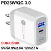 PD 25 Вт 5 В/5 А 9 В/2,8 А 12 В/2,1 А Вилка ЕС/США Светодиодная подсветка 2 порта USB Адаптер Настенное зарядное устройство Быстрая зарядка QC 3.0 Мобильный телефон