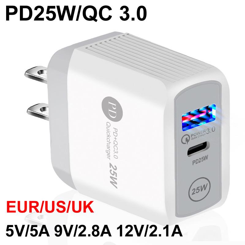 PD 25 Вт 5 В/5 А 9 В/2,8 А 12 В/2,1 А Вилка ЕС/США Светодиодная подсветка 2 порта USB Адаптер Настенное зарядное устройство Быстрая зарядка QC 3.0 Мобильный телефон