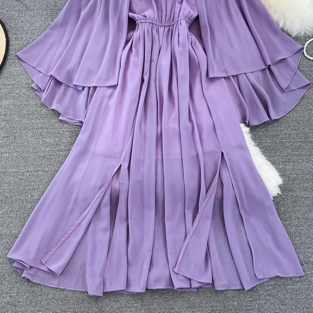 RUGOD Летнее легкое и знакомое стильное платье с круглым вырезом, рукавами в виде листьев лотоса, талией и тонким разрезом, платье трапециевидной формы, большое свободное платье