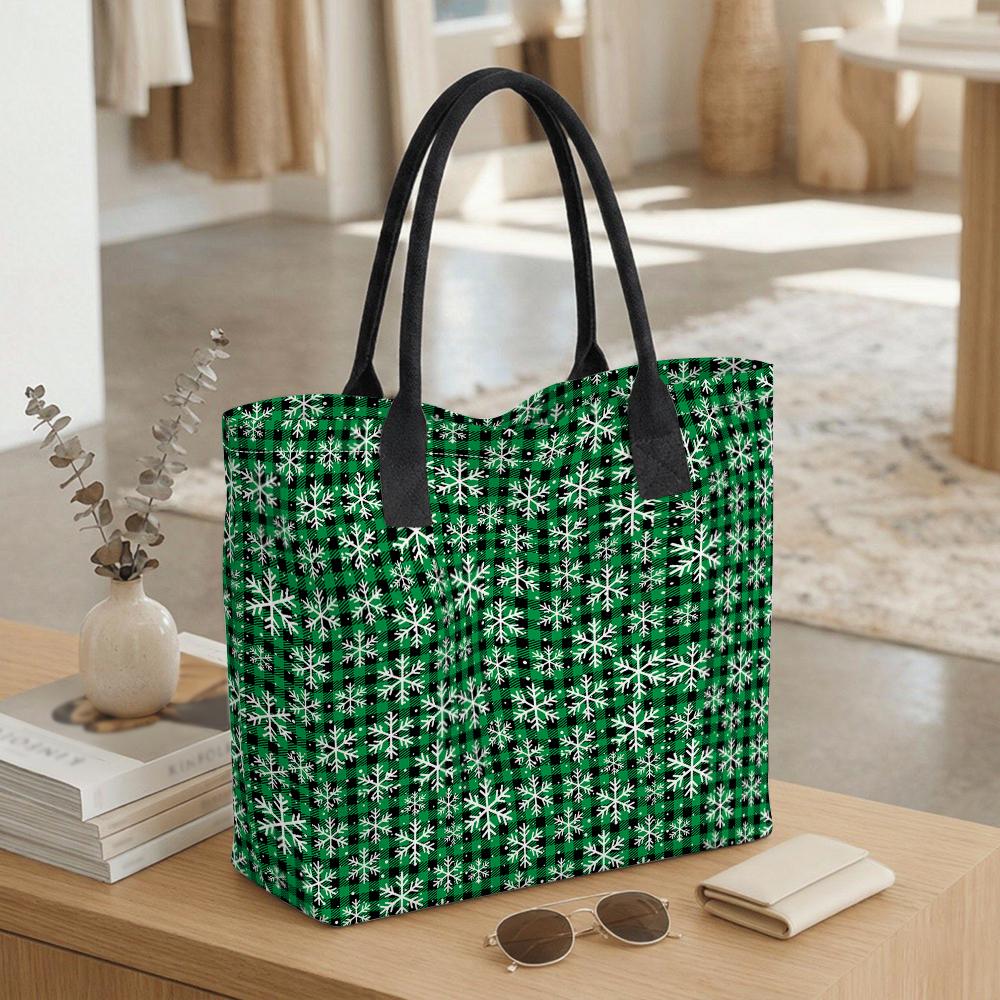 Christmas Green Plaid Snowflake Tote Bag Casual Large Capacity Shoulder Handbag for Daily Use