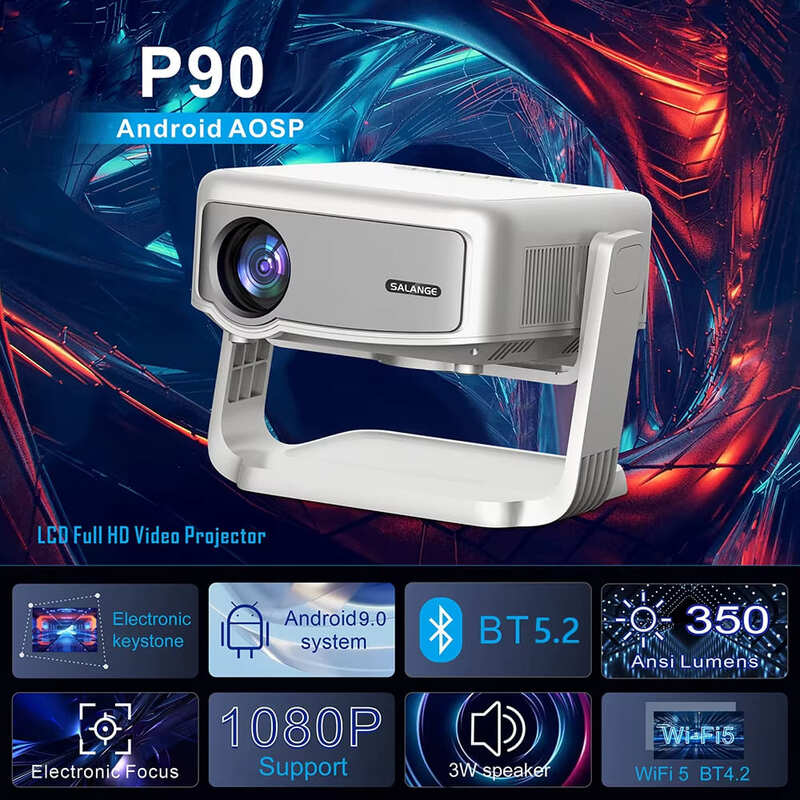 Salange P90 Android-проектор с вращением на 360 градусов, поддержкой 1080P, 4K 350, ANSI Wifi6 BT5.0, портативный домашний кинотеатр, мини-видеопроектор