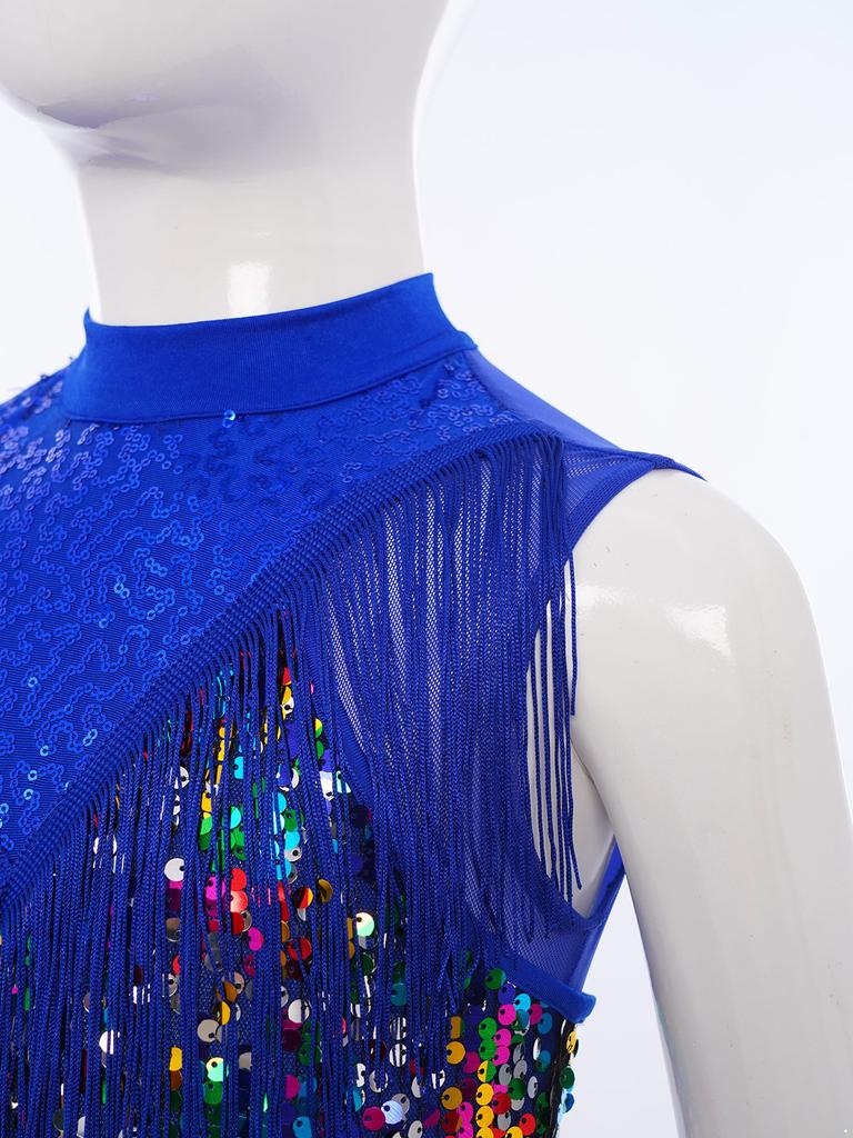 Girls Latin Dance Dress Sleeveless Cutout Back Tassels Shiny Sequins Color Block Performance Costume