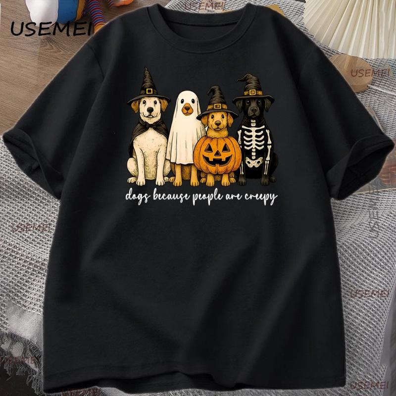 Dogs Because People Are Creepy Tshirt Funny Halloween Dog Mom Tshirt Spooky Vintage Dog Lover Graphic T Shirts Unisexs Clothing