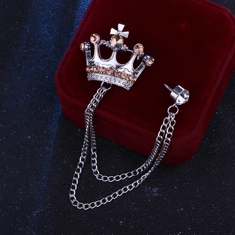 Crystal Men Brooch Pin Crown Fashion Collar Pins Suit Lapel Wedding Gift Jewelry Cross Chain