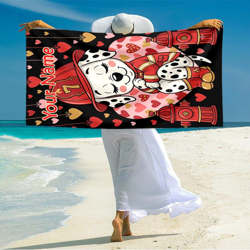 1PC Custom Name Firefighter Puppy Love Beach Towel Highly Absorbent And Sand-Resistant Towel for Swimming, Pool, Yoga, And Travel Lightweight
