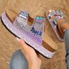 New Cross-border Foreign Trade Thick-soled Hemp Rope Double-buckle Rhinestone Cork Beach Slippers Large-size Women's Shoes