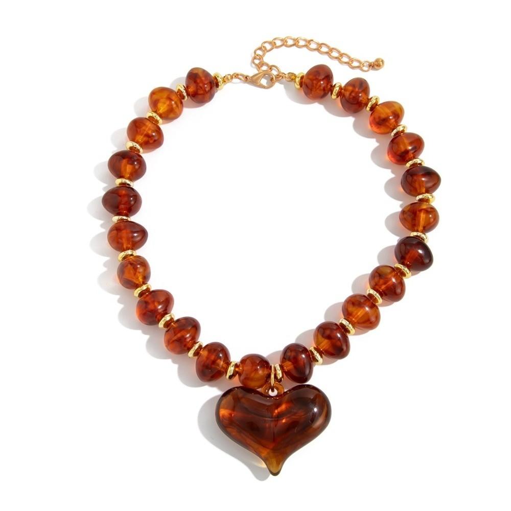 Versatile Heart Pendant Necklace Amber Color Beaded Choker New Clavicle Chain Jewelry Gifts