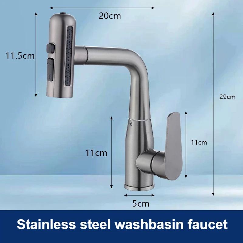 4 Modes Waterfall Bathroom Faucets Stainless Steel Washbasin Faucet Hot and Cold Pull-out Mixer Tap Hand-washing Basin Faucet