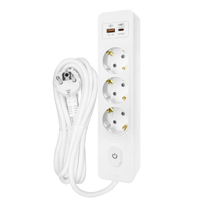 SELDUR G3TH12B Power Strip, 3 Type F Sockets + Switch, USB A+C Fast Charge 20W, White, 1.5m Cable