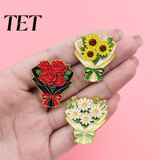 Gift for Flower Lovers Bouquet Brooch Pin Women, Enamel Romantic Jewelry, Durable Floral Zinc Alloy Lapel Coats Dresses And Scarves Gold Edge