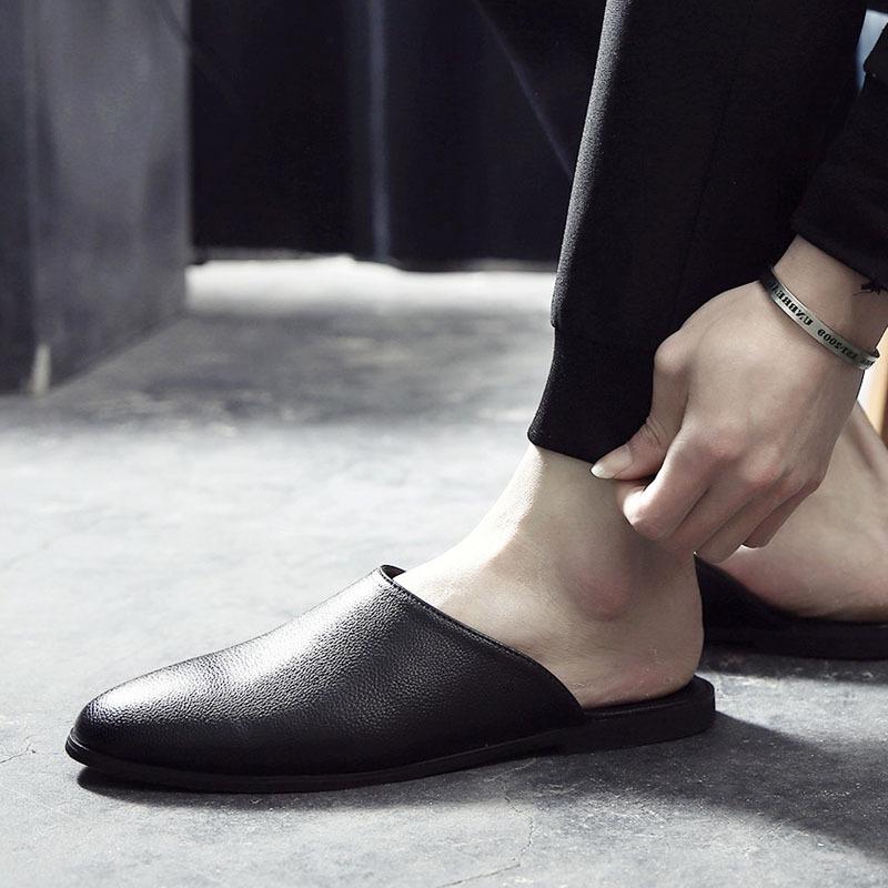 Мода 2024 года. Мужские модные кожаные тапочки. Slip-On Lazay Half Drags. Мужские тапочки в британском стиле для дома и улицы. Индивидуальность.