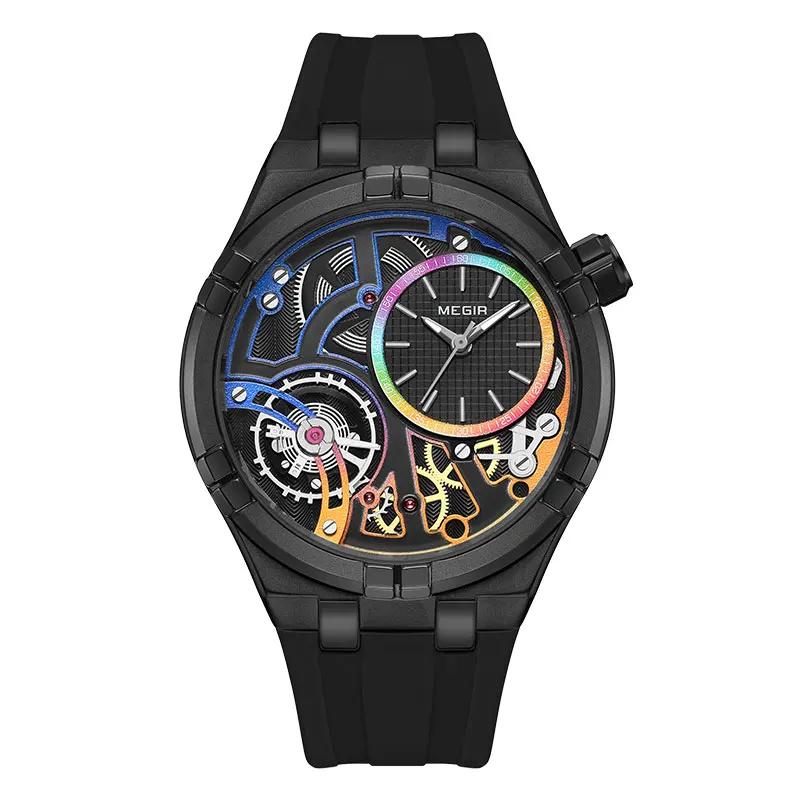 MEGIR Orange Sport Analog Watch for Men Fashion Waterproof Quartz Wristwatch with Luminous Hands Silicone Strap