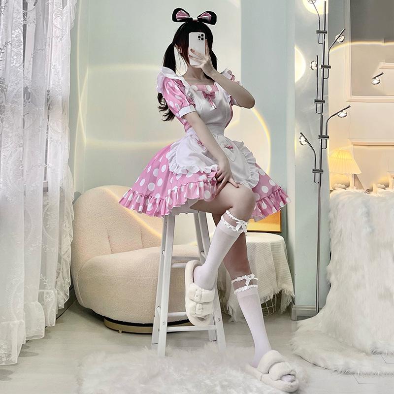 Japanese Rakuten Alice polka dot maid dress, Lolita style, pink cosplay Clothing Mickey Costume