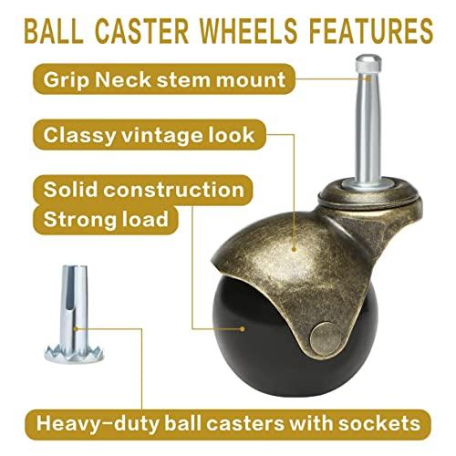 2-дюймовые поворотные шариковые ролики на ножке, набор из 4 роликов для антикварной мебели с гнездом, ролики из цельной латуни со ножкой