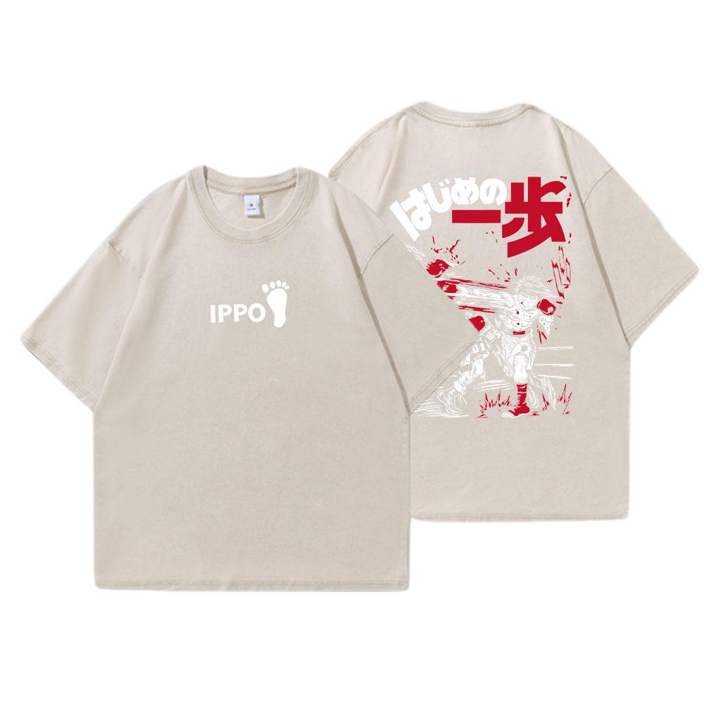 Аниме Футболки Hajime No Ippo Мужские Футболка с винтажной стиркой Харадзюку Оверсайз Хлопковая футболка Хлопковая Мода Уличная одежда Унисекс Топ