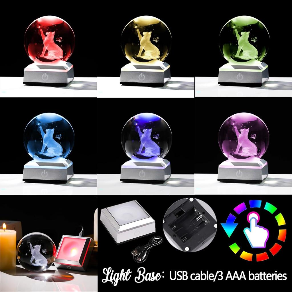 Орналрист 3,15 дюйма(около 8,0 см)Хрустальный шар с резьбой, 3D коллекция статуй кота и бабочки, офсетный пояс для веса бумаги, светодиодная основа, стеклянный шар для любителей кошек