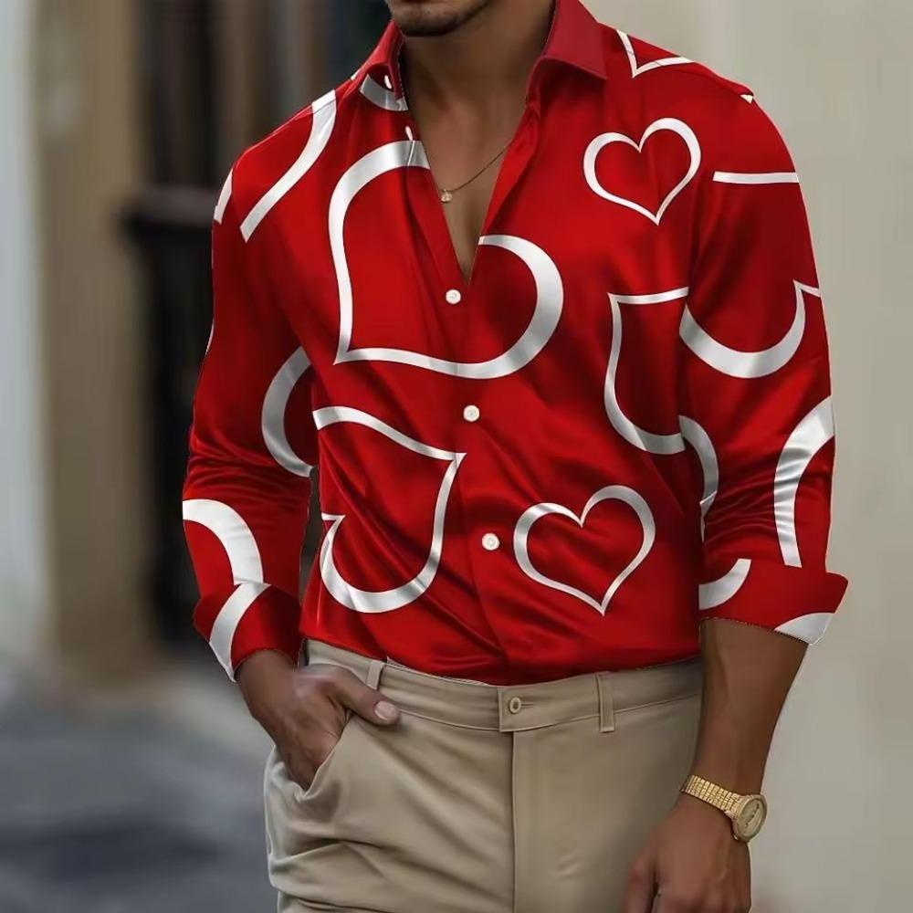 Мужская Романтическая Подарочная Рубашка в Форме Сердца с Длинным Рукавом Модная Повседневная Летняя Весенняя Осенняя С Отложным Воротником 3D Печать На Пуговицах