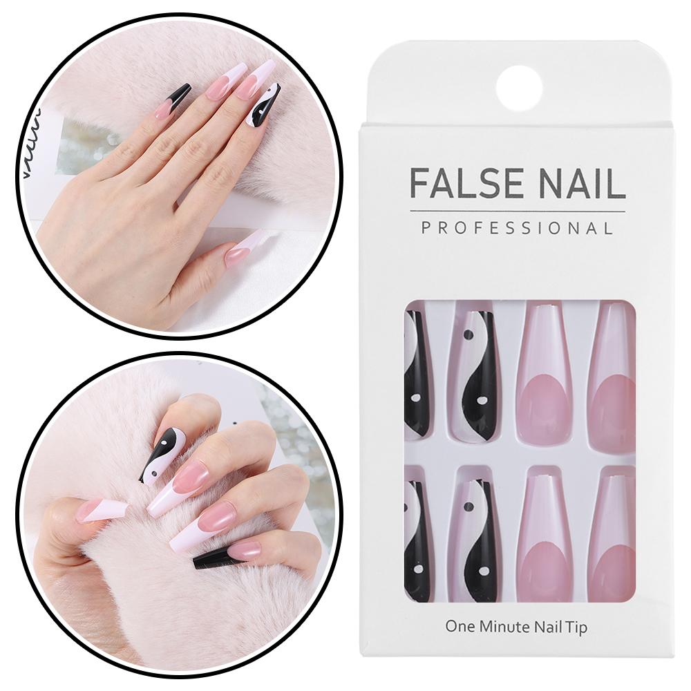 Fake Nails Ballerina with Taichi Design False Nail Tips Long Coffin White and Black Mixed Colors