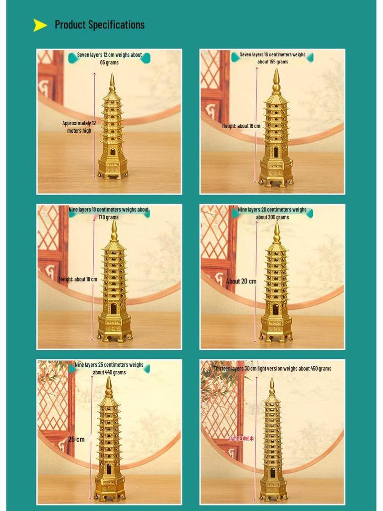 Медное украшение Пагода Вэньчан: Большой, 7-13-слойный китайский буддийский декор для дома и храма