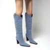 2025 New Spring Autumn Denim Boots for Women Mid-rise Solid Color Large Size Shoes Woman Slip-On Chunky Med Heels Mid-calf Boots