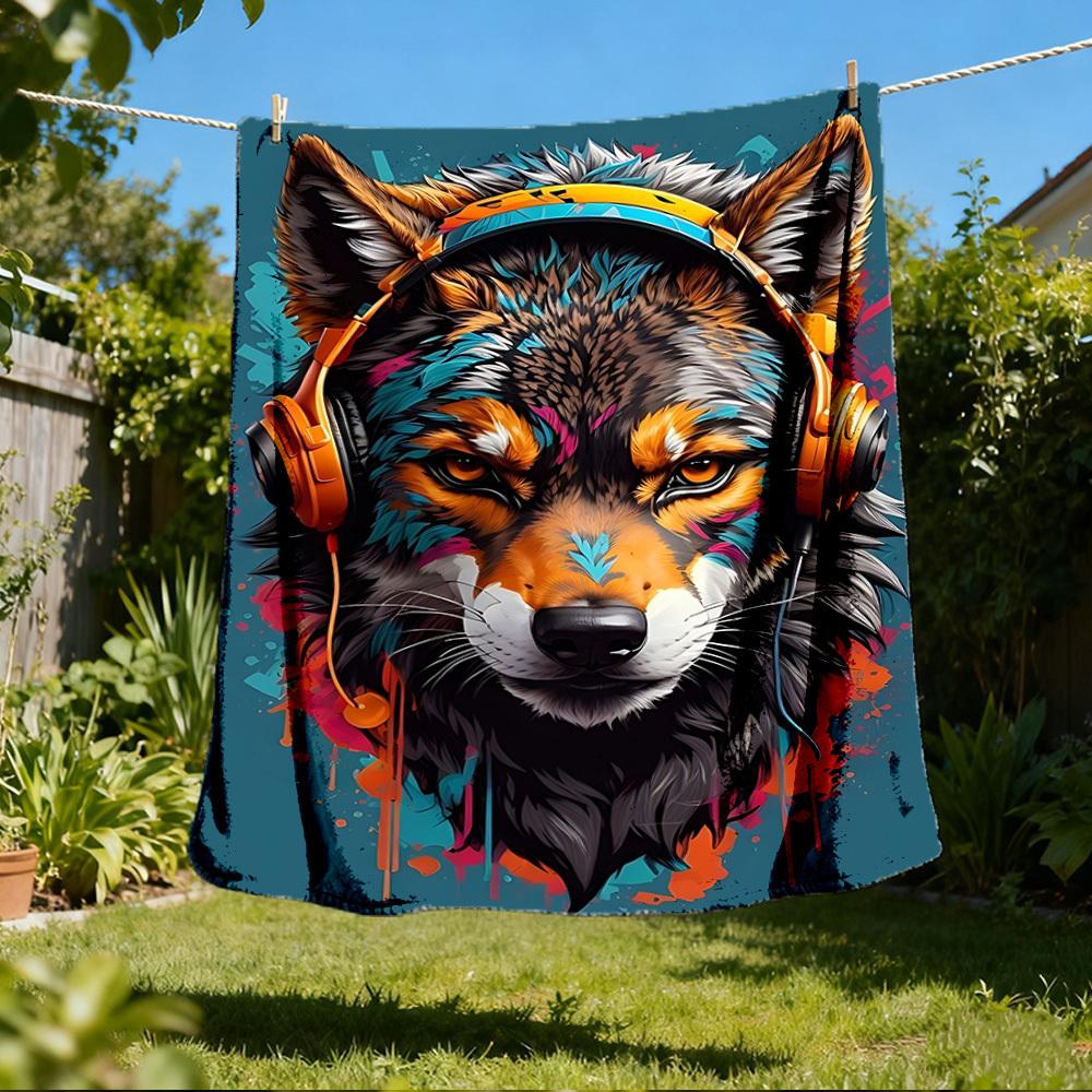 1pc Colorful Wolf Throw Blanket Polyester Fiber, Lightweight Flannel, Soft & Warm, All Season Use for Outdoor, Camping Digital Print