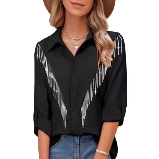 Женская рубашка с лацканами, длинным рукавом, планкой на пуговицах, кисточкой из стразов, однотонная