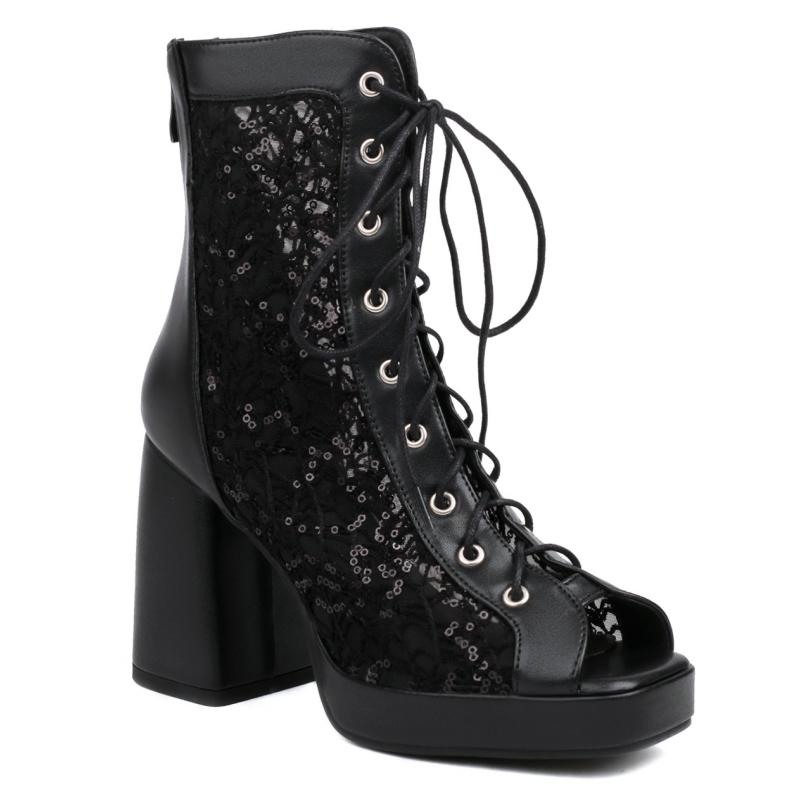 Модные летние ботинки женские танцевальные туфли сексуальные ботильоны с открытым носком сетчатые черные белые розовые высокие каблуки на шнуровке вечерние туфли женские большие размеры