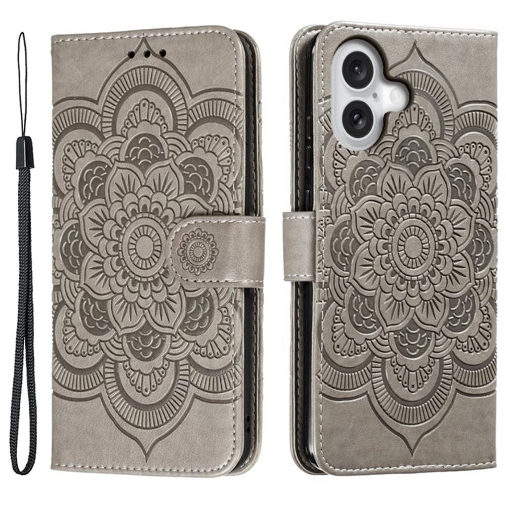 For iPhone 16 Case PU Leather Mandala Imprinted Design Wallet Phone Cover - Green