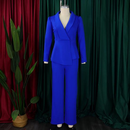 Женские костюмы больших размеров из двух предметов, блейзер с длинными рукавами и оборками, с неровным подолом, и брюки, деловой костюм, офисный рабочий комплект