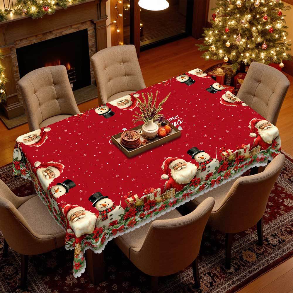 Christmas Red Tablecloth, Snowman Gift Berry Bow, Holiday Table Decorative Cloth, Home Table Cloth