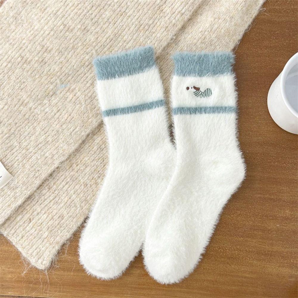 5Pairs Embroidery Mink Fleece Socks Puppy Dog Plush Floor Socks Winter Fluffy Socks  Autumn Winter