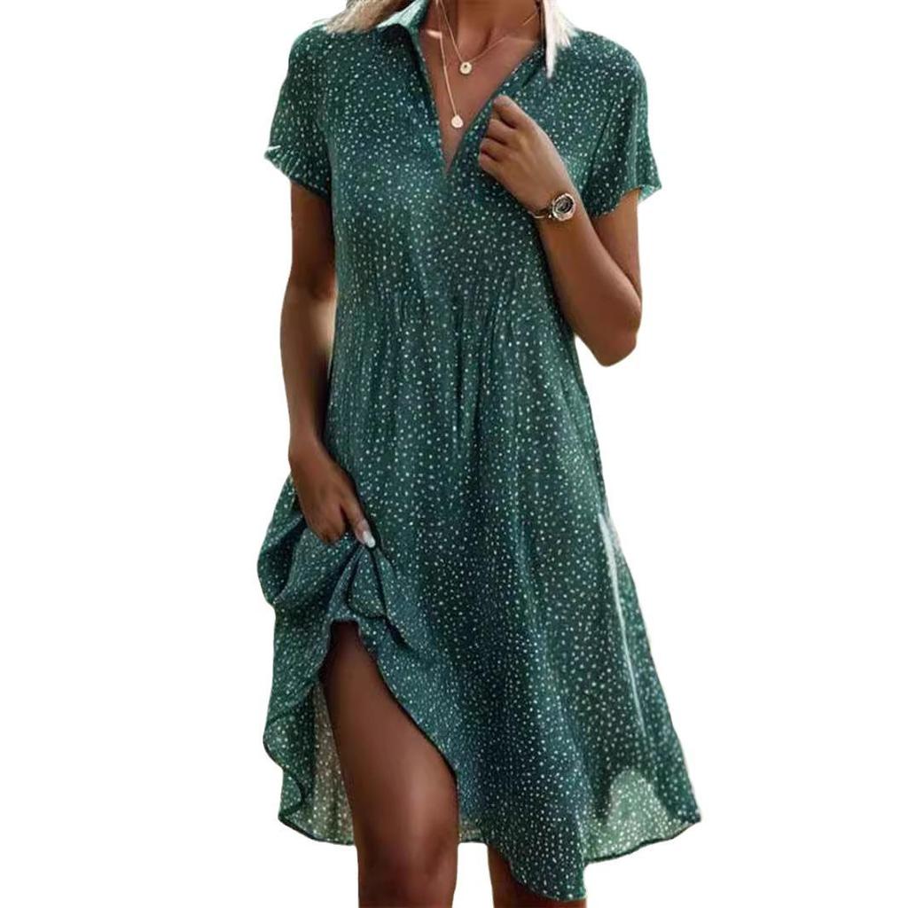 Summer Polka Dot V-Neck Short-Sleeve Dress for Women