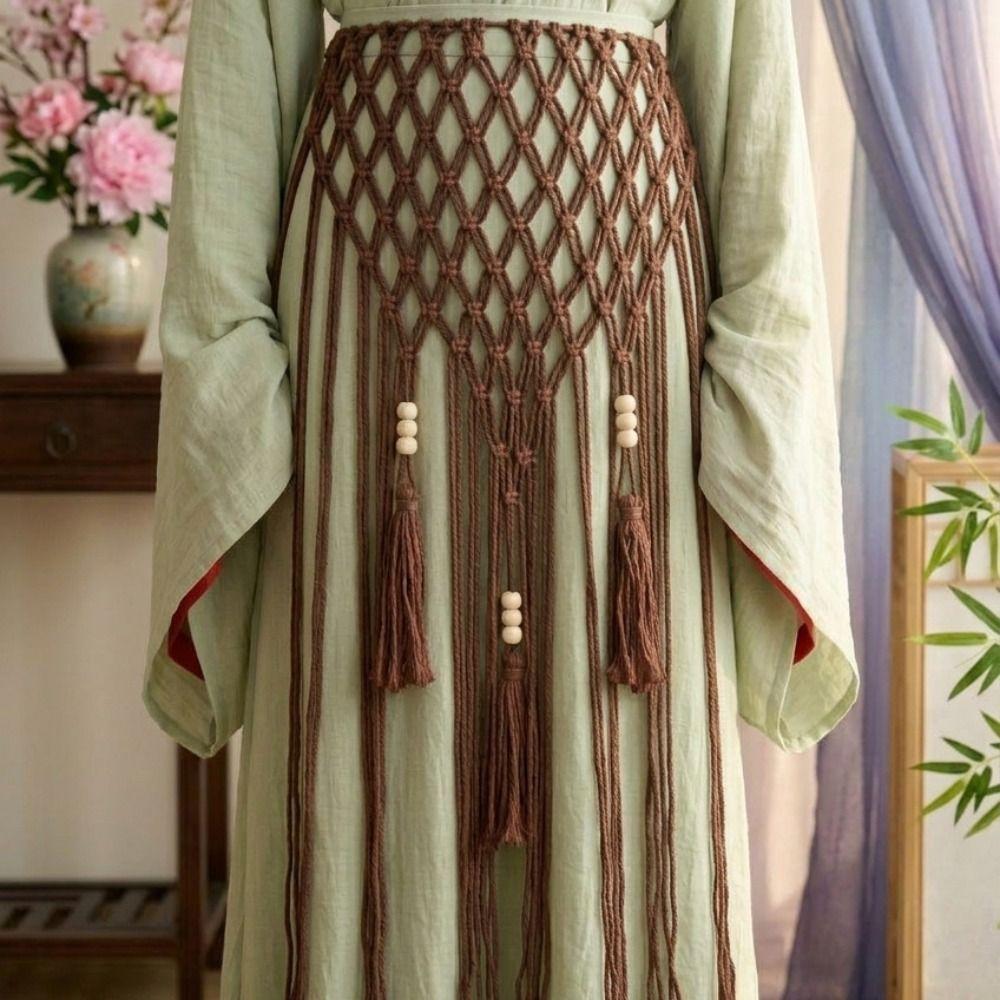 Mesh Weave Tassel Belts Retro Woven Tassel Waistband Fashion Bohemian Style Belts  Jeans Decorative
